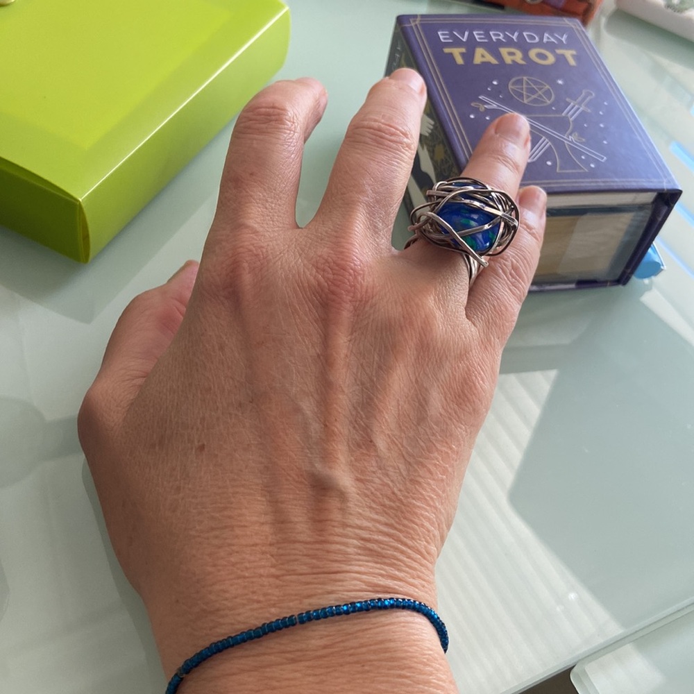 Silver Wire Caged Lapis Ring- Artisan Made, Vtg - image 7